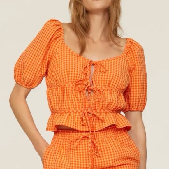 louna Tops - Louna Orange Gingham Puff Sleeve Tie Top